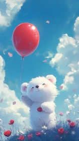 White cartoon bear holding red balloon in flower field.