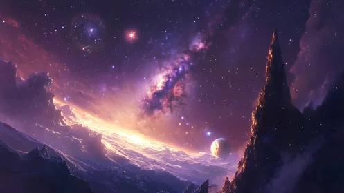 Stellar-lit alien ridge over frozen exoplanet horizon