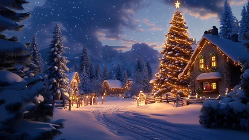Cozy winter village glowing with twinkling holiday lights.