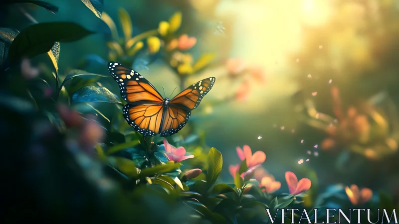 Monarch butterfly in luminous bokeh garden environment.