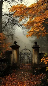 Photoreal autumn gate beneath misted deciduous canopy.