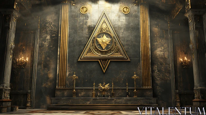 Golden occult triangle altar inside grand ruined hall.