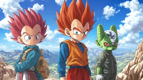 Young anime warriors stand defiant under a vast blue sky