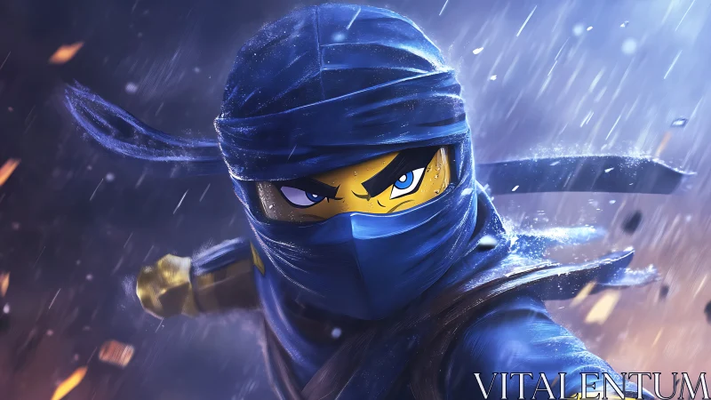 Lego-style blue ninja warrior in dynamic combat pose.