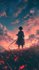 Lone swordsman stands against a burning twilight sky