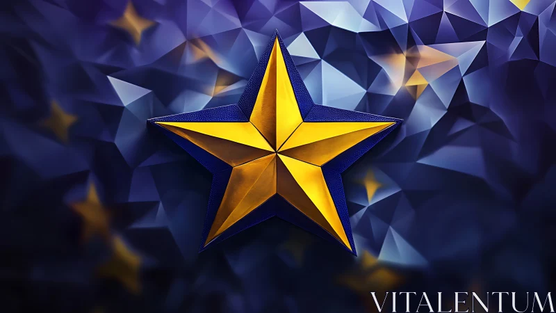 Golden faceted star glows against deep polygonal sky.