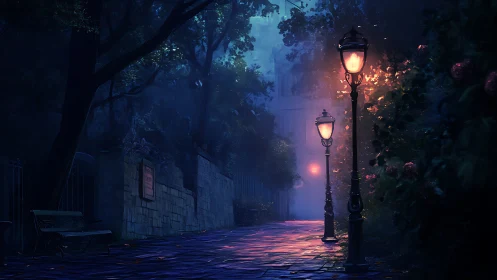 Moonlit garden path glowing with soft, dreamy lamplight.