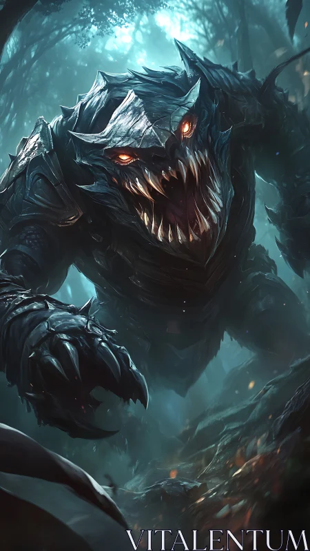 Armored abyssal predator advancing through bioluminescent fog.