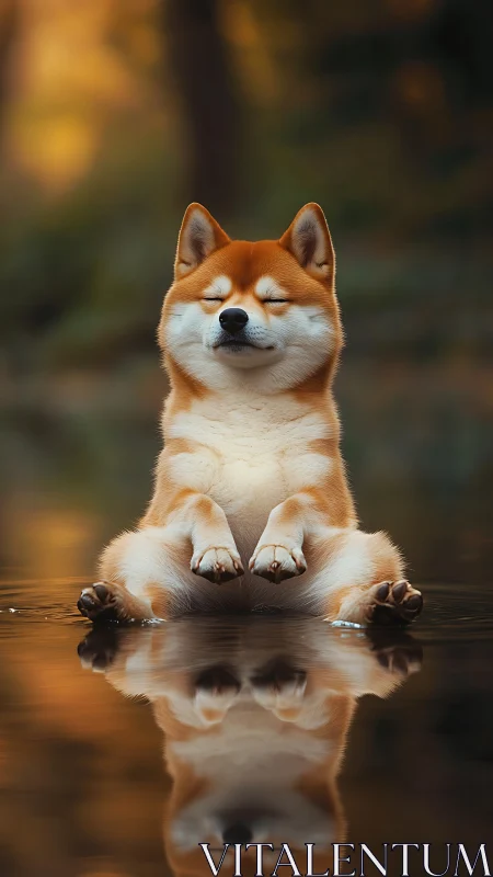 Calm shiba dog quietly meditates above still water surface
