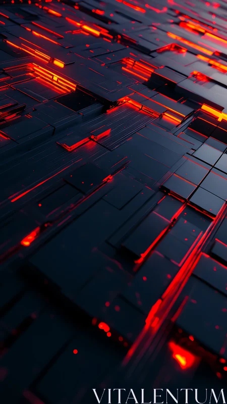 Futuristic black circuit grid with glowing red data flows.