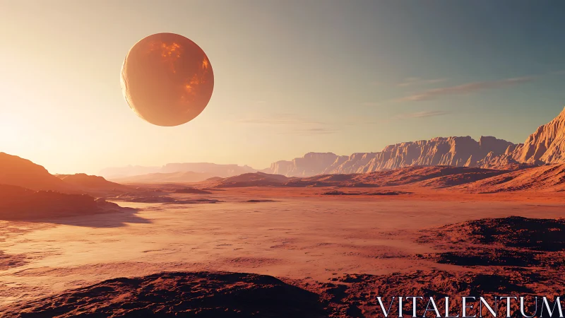 Rocky extraterrestrial desert landscape with large nearby moon.