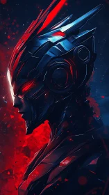 Cybernetic combat helm profile with red reactive illumination