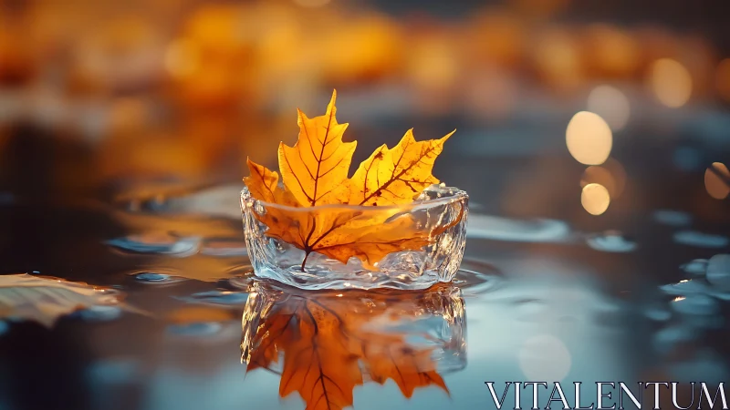 Golden autumn leaf rests gently in a tiny crystal boat