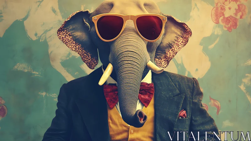 Stylized anthropomorphic elephant figure wears formal attire