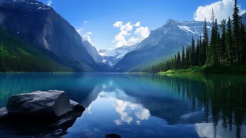 Glacial alpine lake mirror reflects conifer ridges and peaks
