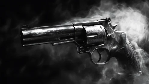 Smoking steel revolver in dramatic monochrome spotlight.
