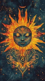 Celestial sun goddess portrait with ornate mandala flames.