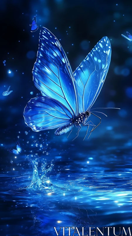 Iridescent blue butterfly ascends from luminous liquid surface
