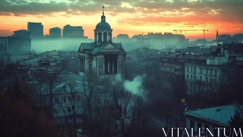 Foggy city church rises beneath a vivid orange winter sunrise