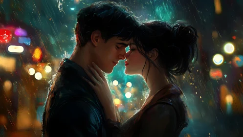 Two souls converge in rain-drenched neon glow. A romantic digital reverie.