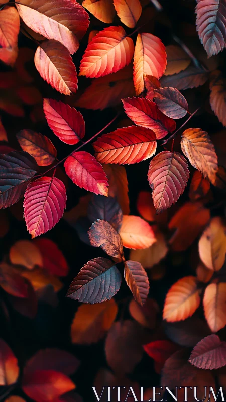 Colorful autumn leaves in warm red and orange tones.