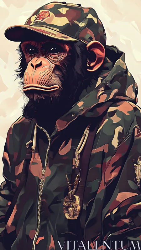 Camo-clad chimp portrait in urban streetwear style.