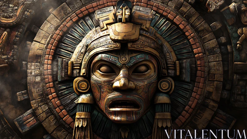 Ancient stone sun mask glows with mysterious divine energy