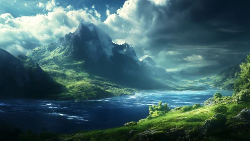 Epic mountain lake under stormlit sky at sunrise.