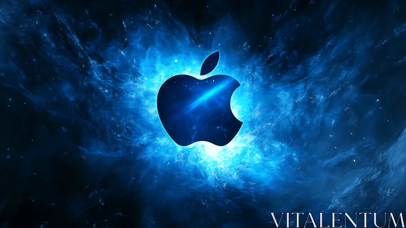 Glowing apple silhouette adrift in a cosmic blue storm.