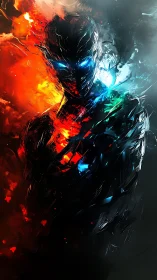 Cyberpunk elemental avatar in fractured dual-tone composition.