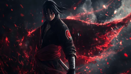 Dark warrior commands swirling red embers in storm