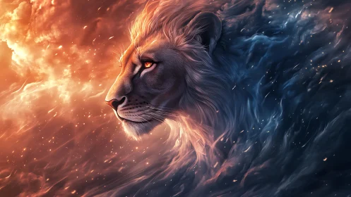 Lion profile amid divided fiery and dark swirling clouds.