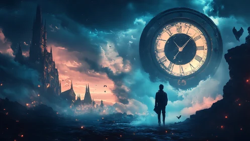 Colossal sky clock over lone traveler in ethereal dusk.