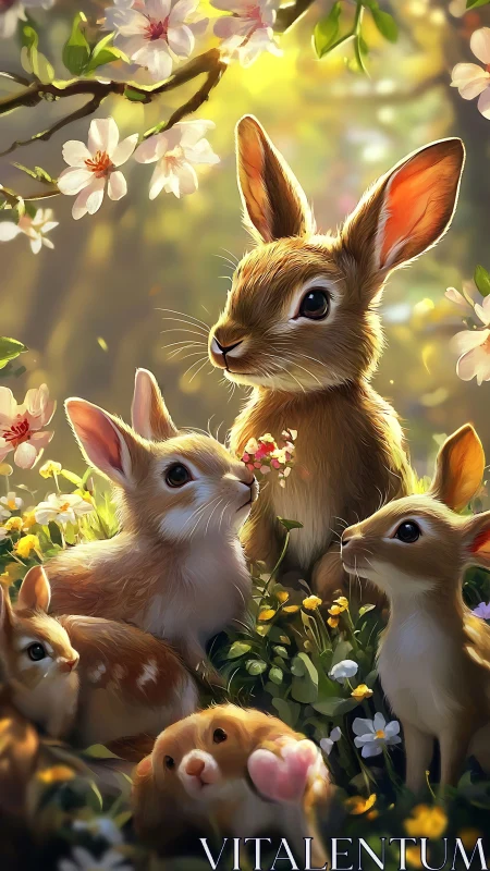 Digital painting of spring meadow rabbits in soft backlight.