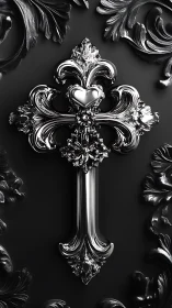 Ornate metallic cross with heart centerpiece gleams boldly.