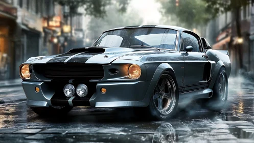 Classic muscle car idles on wet city street at dusk