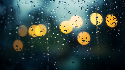 Rain-soaked glass surface captures bokeh city lights at night