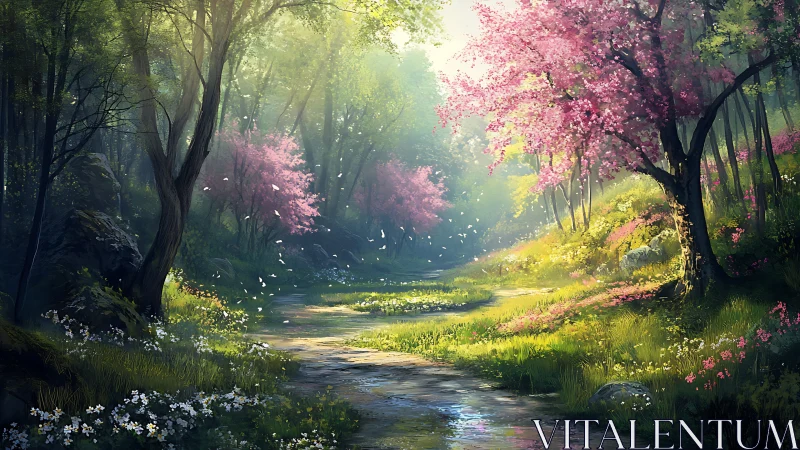 Enchanted Forest Stream Among Cherry Blossoms