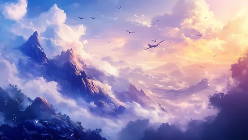 Sunlit fantasy mountains rise above glowing pastel clouds