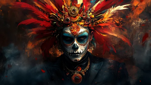 Flaming feathered calavera monarch stares through swirling smoke
