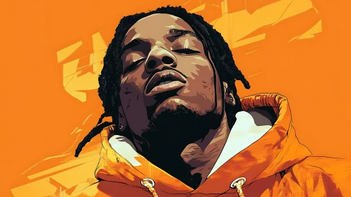 Sun-drenched street poet drifting in electric orange calm.