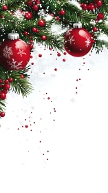 Red baubles on pine branches with snow and white space.