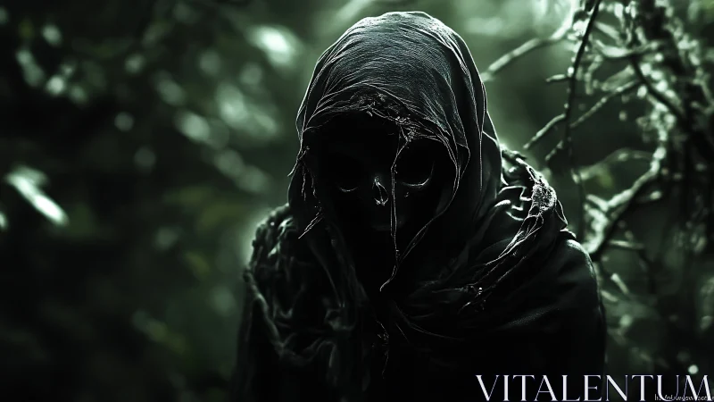 Forest wraith leans from the shadows, stitched in moonless green