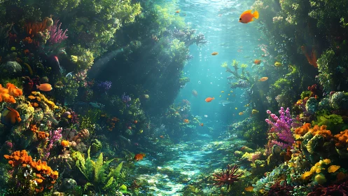 Sunlit coral reef corridor displays dense marine biodiversity