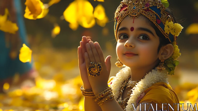 Devotional child in ornate attire under golden petals.