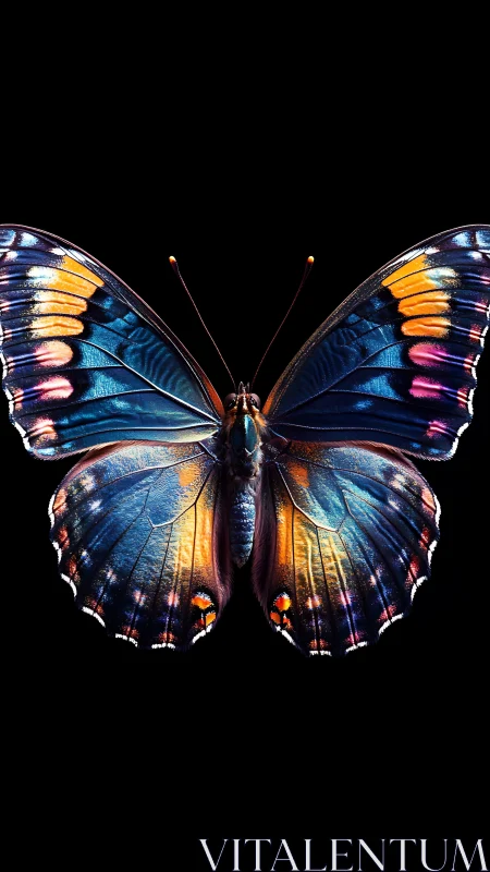 Photorealistic macro of iridescent butterfly wings on black.