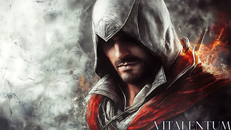 Hooded rogue portrait in burning crimson cloak detail.