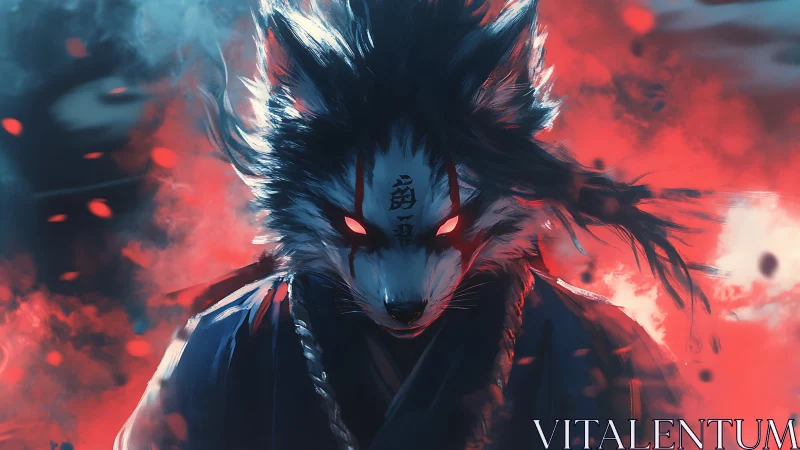 Demonic kitsune warrior in red-blue atmospheric turbulence.