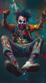 Punk clown explodes through color-splashed urban void.