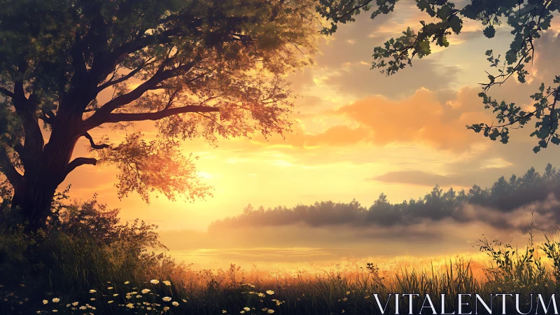 Backlit riverside tree at atmospheric golden hour sunrise